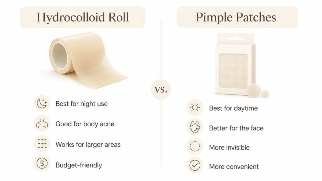 Comparison chart showing when to use hydrocolloid rolls versus regular pimple patches.